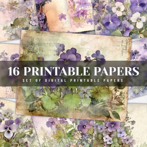 Clipart di fiori di viola pastello dell'acquerello di fiaba, sfondo del diario spazzatura, collage digitale stampabile, carta del diario naturale