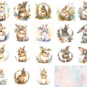 Floral Bunny - 18 High Quality JPG images - Commercial Use Digital Download, Digital Planner, Journaling, Watercolor, Wall Art
