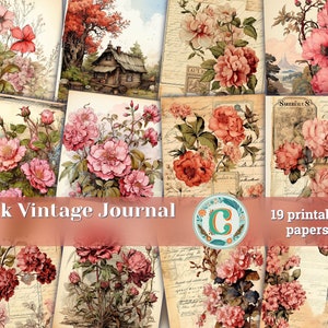 19 papieren | Vintage roze scrapbookingset met aquarelachtergrond, roze rozen en handgeschreven postzegel | Afdrukbare pagina's