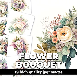 Flower Bouquet - 19 High Quality JPG images - Commercial Use Digital Download, Digital Planner, Journaling, Watercolor, Wall Art