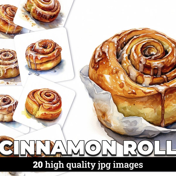 Watercolor Cinnamon Roll Clipart Set - 20 JPG Illustrations with Commercial License for Bakery Logos, Food Blogs, and Kitchen Decor