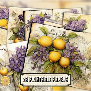 Kit de scrapbooking avec aquarelle lilas et citrons, motif citrons vintage, feuille de collage numérique, pages de journal indésirable, invitations, tenue d'un journal
