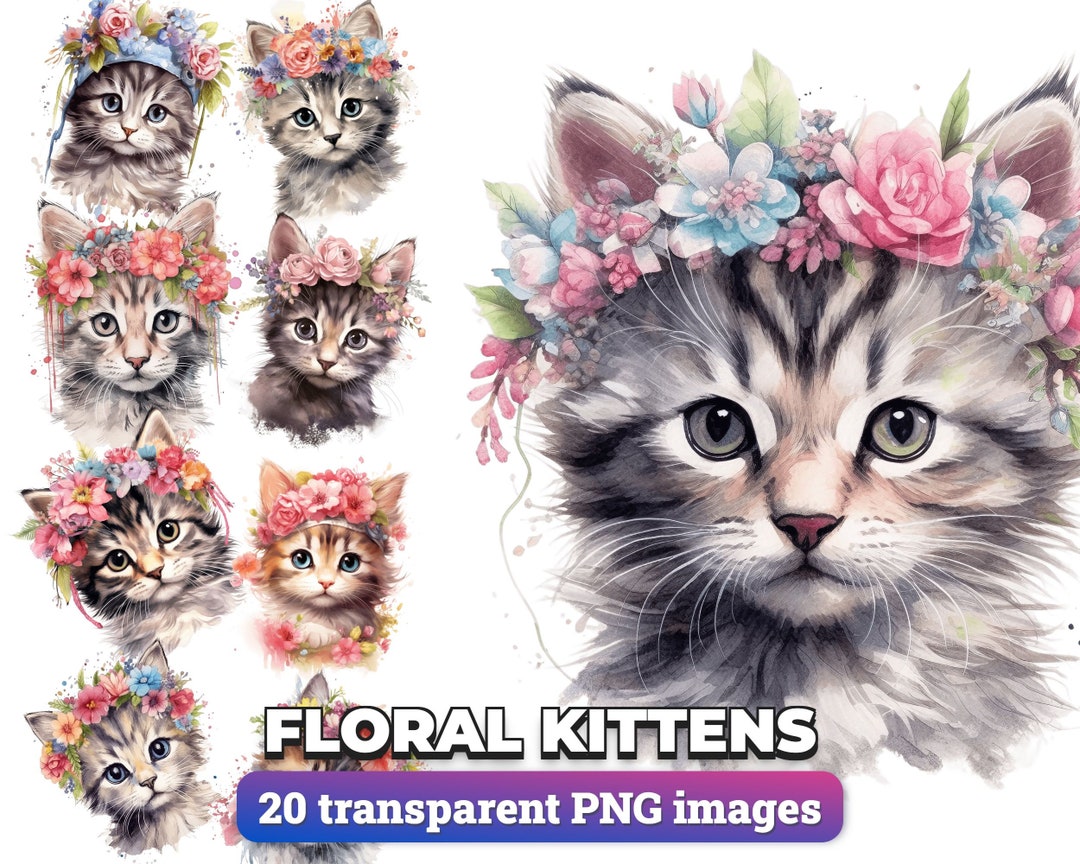 20 Watercolor Floral Clipart Kitten Png, Watercolor Clipart Png Bundle ...
