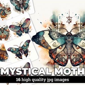 Mystische Motte Aquarell Clipart Bilder mit kommerzieller Lizenz - 16 hochwertige JPGs für digitales Scrapbooking, Einladungen und mehr!