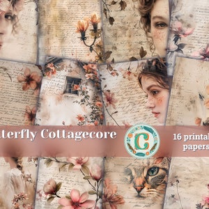 Cozy Cottagecore Farm Life Vintage Scrapbooking Paper with Butterflies and Ephemera - Shabby Chic Junk Journal Kit Printable Pages