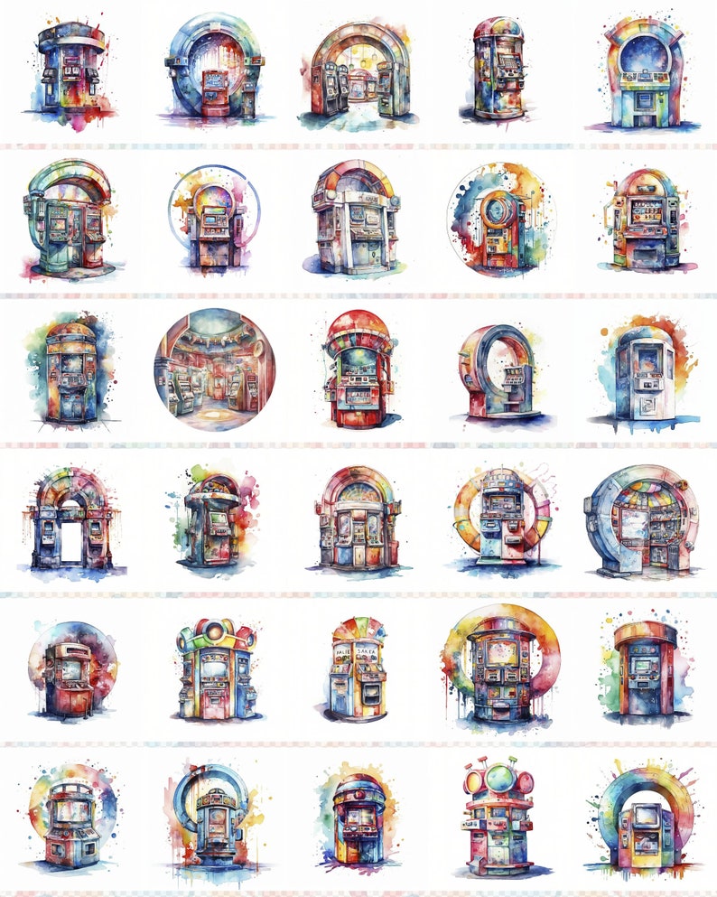 Watercolor Arcade Game Clipart: 30 JPG Illustrations With Commercial ...