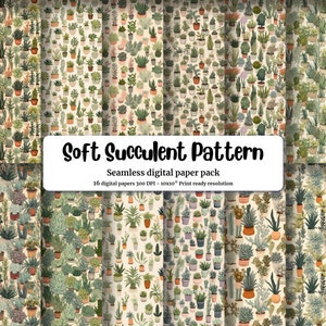 Succulent and Plant Digital Pattern Paper, Soft Neutral Colors, Gouache Style, Watercolor Illustration, Instant Download