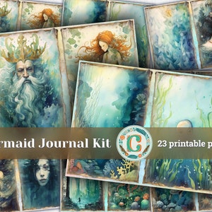 23 papers | Mermaid Watercolor Scrapbooking Paper Set, Vintage Shabby Chic Junk Journaling Kit, Printable Antique Pages, Soft Neutral Vibes