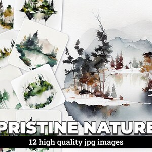 Immagini Clipart dell'acquerello - Bella natura incontaminata - 12 JPG con licenza commerciale - Alberi, montagne, fiori, elementi della natura