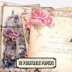 12 Parijs-Frankrijk-dagboekpagina's, junk-dagboekkit, basispapier, afdrukbare shabby-pagina's, roze papier vintage, collageblad, plakboekpapier