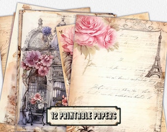 12 pages de journal Paris france, kit de journal indésirable, papiers de base, pages minables imprimables, papier rose vintage, feuille de collage, papier scrapbooking