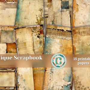 15 papers | Vintage Scrapbooking Paper Bundle, Antique Color Junk Journal Kit, Shabby Chic Printable Pages, Distressed Old Paper Texture