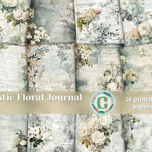 16 articles | Papier de scrapbooking floral vert doux rustique haute résolution 8K, kit de journal indésirable, pages imprimables shabby chic, journalisation éphémères