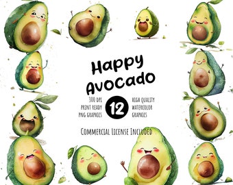 Happy Avocado Watercolor Clipart Set | Cute & Whimsical | DIY Projects, Decor, Invitations | Printable Digital Graphics PNG