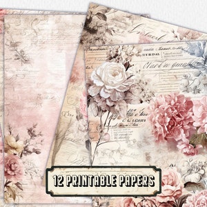 12 zachtroze dagboekpagina's, ongewenste dagboekkit, basispapieren, afdrukbare shabbypagina's, Rose Paper Vintage, collageblad, plakboekpapier