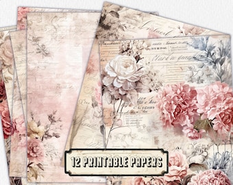 12 pagine di diario rosa tenue, kit diario spazzatura, documenti di base, pagine shabby stampabili, carta rosa vintage, foglio collage, carta scrapbook