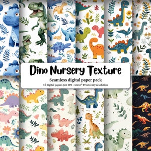 Playful Cute Dinosaur Digital Pattern Paper in Cartoon Style, Baby Dinosaurs in Light Blue Green, Nursery Theme, Floral Seamless Texture