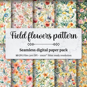 Field flowers pattern - 10 High Quality JPG Digital Papers - Commercial Use Digital Download, Journaling, Watercolor Seamless Pattern Tiles