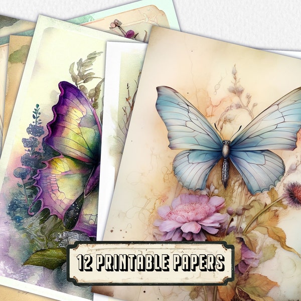 12 butterflies Journal Pages, Junk Journal Kit, Basic Papers, Printable Shabby Pages,Rose Paper Vintage, Collage sheet,Scrapbook Paper