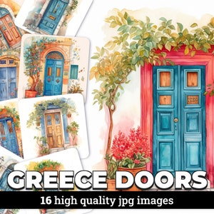 Clipart acquerello Grecia porte con licenza commerciale - 16 immagini JPG di alta qualità per scrapbooking, creazione di cartoline e progetti di arte digitale