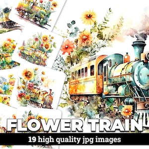 Flower Train - 19 High Quality JPG images - Commercial Use Digital Download, Digital Planner, Journaling, Watercolor, Wall Art