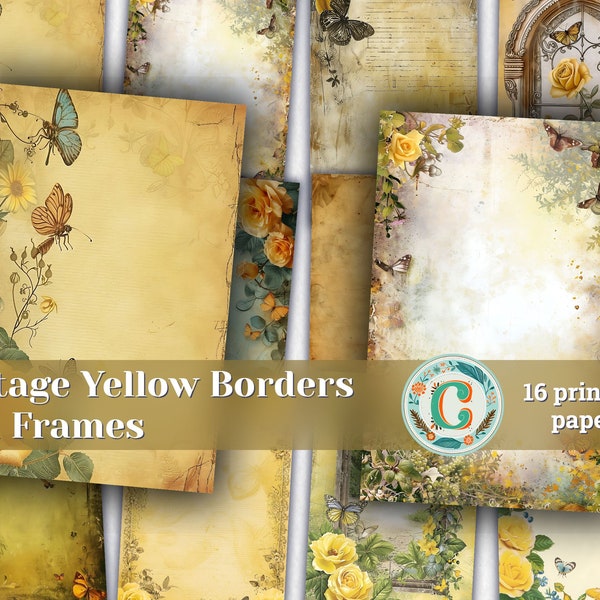 Vintage Yellow Borders and Frames Printable Scrapbooking Papers for Shabby Chic Junk Journals and Invitations - Muted Colors, Shabby Stamper