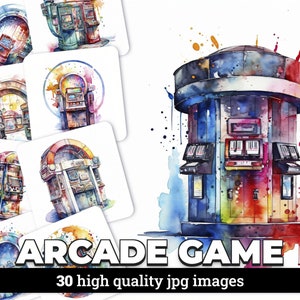 Clipart jeu d'arcade aquarelle : 30 illustrations JPG avec licence commerciale - manette de jeu, jeu rétro, vintage, téléchargement numérique