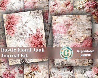 16 Papers | Rustic Soft Pink Floral Scrapbook Paper High Res 8K, Junk Journal Kit, Shabby Chic Scrapbooking, Printable Pages and Papers