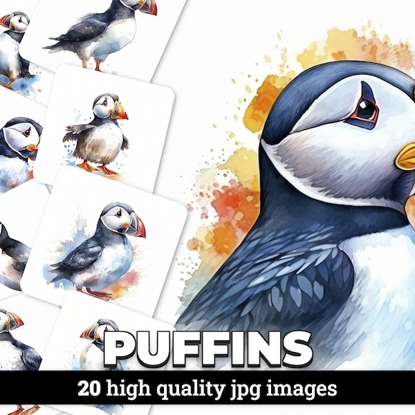 Commercial Use Watercolor Puffin Clipart - 20 JPG Images of Hand-Painted Illustrations for Digital Design, Scrapbooking, and more