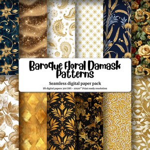 Luxury Baroque Floral Damask Pattern Paper with Eastern-Inspired Motifs, Gold Foil Indian Paisley, William Morris Style Barley Design