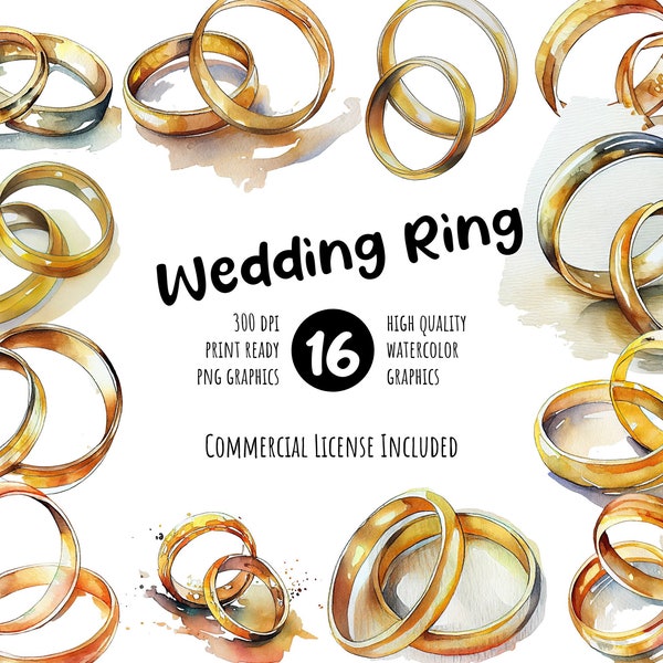 Romantic Wedding Ring Watercolor Clipart Set | Symbol of Love | DIY Projects, Invitations, Decor | Printable Digital Graphics PNG