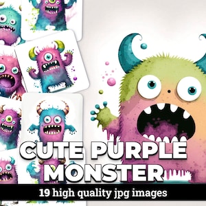 Cute Purple Monster - 19 High Quality JPG images - Commercial Use Digital Download, Digital Planner, Journaling, Watercolor, Wall Art