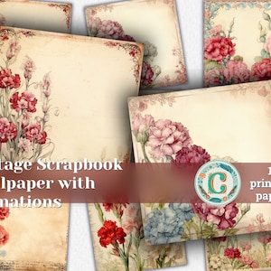 Carta da parati vintage per album con pagina a linee, bellissimo bordo con motivo garofani, acquerello, dettaglio elevato, dipinto a mano - carte per scrapbooking