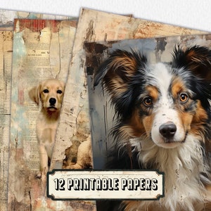 Cuccioli di carta digitale a righe vintage per scrapbooking, inviti e disegni - Modelli stampabili di cuccioli retrò, download istantaneo!