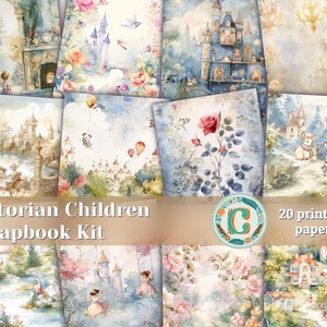 Carta da parati con acquerelli in stile vittoriano per bambini, carte per scrapbooking, kit per diario spazzatura shabby chic con pagine stampabili ed effimeri da inserire nel diario
