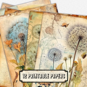 Carte a righe digitali vintage con denti di leone, scrapbooking, inviti e disegni, cancelleria stampabile, pagine di diario, materiali per l’artigianato