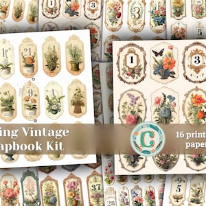 16 Papers | Vintage Labels with Spring Elements | Scrapbooking Kit & Printable Pages | Shabby Chic Journaling Kit | Junk Journal Supplies