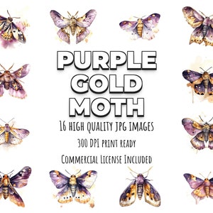 Purple Gold Moth - 16 hochwertige JPG Bilder - Kommerzielle Nutzung Digitaler Download, Digitaler Planer, Journaling, Aquarell, Wandkunst
