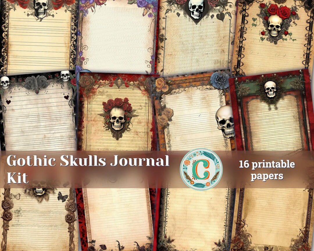 Printable Lined Page With Gothic Skulls Border Junk Journal, Invitations, Digital Planners ...