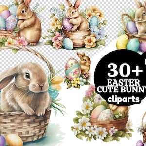 Cestas de coelho floral de Páscoa em aquarela Clipart cestas, formato PNG download instantâneo uso comercial, Coelhinhos fofos, Cliparts de ovos de Páscoa