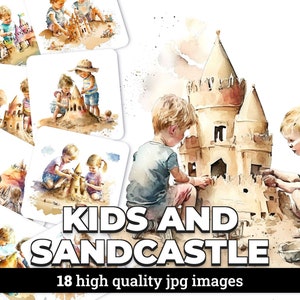 Kids and Sandcastle - 18 High Quality JPG images - Commercial Use Digital Download, Digital Planner, Journaling, Watercolor, Wall Art