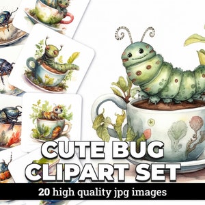 Immagini clipart acquerello con simpatico insetto in una tazza con licenza commerciale, set di 20 JPG per scrapbooking, inviti, cartoline e altro ancora