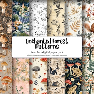 Fairy Tale Forest Creatures and Magical Mushroom Fantasy Pattern Paper Kit - Fireflies, Butterflies, Moons, Stars, Flowers, Cute Fae
