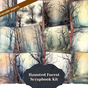 18 pages de fond de forêt hantée, illustration aquarelle de forêt de conte de fées mystique, éphémères shabby chic pour scrapbooking, faire-part