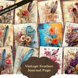 Beautiful Watercolor Vintage Junk Journal Single Page with Feathers - Hyper Detailed Printable Template Paper for Invitations