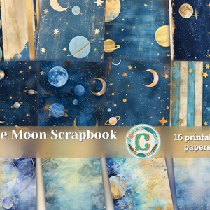 Blue Moon Stars and Planets Scrapbooking Papers - Printable Junk Journal Backgrounds - Shabby Chic Ephemera for Journaling and Invitations
