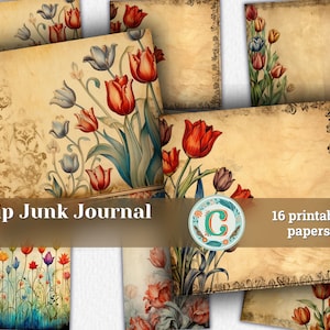 Carta da parati vintage per album con bellissimo bordo a tulipano - Acquerello, Elevato dettaglio, Dipinto a mano - Diario spazzatura, Effimera Shabby Chic
