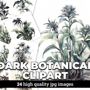 24 Gothic-Style Plant Watercolor Clipart Images with Commercial License Included for Digital Scrapbooking, Invitations, Cards, and More