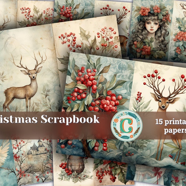 Scrapbooking Christmas Junk Journal Kit, Christmas Collage Printable, Digital Christmas Kit, Christmas paper, Printable paper background