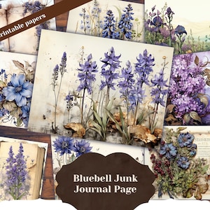 Bellissimo kit di diario spazzatura a pagine singole vintage ad acquerello con campanule - carta modello stampabile per inviti, oggetti effimeri di scrapbooking